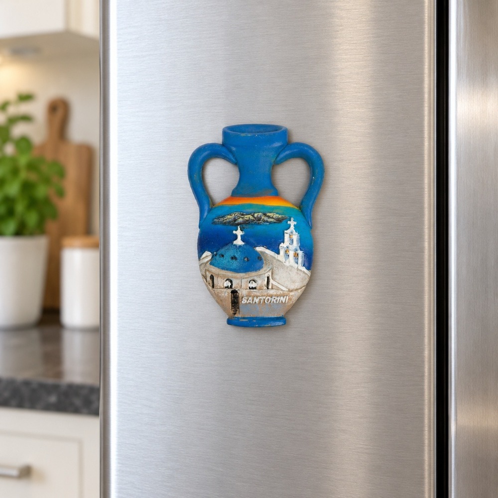 Santorini Greece Souvenir Magnet Blue Amphora Vase 3D Greek Island Decor